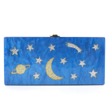 Luxury moon and stars gold and silver glitter sparking blue marble acrylic clutch bag ladies evening bags